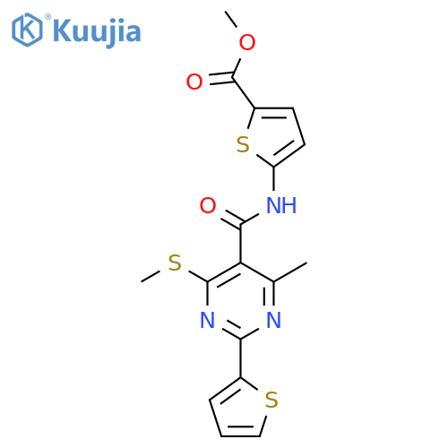 Methyl 5-[4-methyl-6-(methylsulfanyl)-2-(thiophen-2-yl)pyrimidine-5-amido]thiophene-2-carboxylate structure