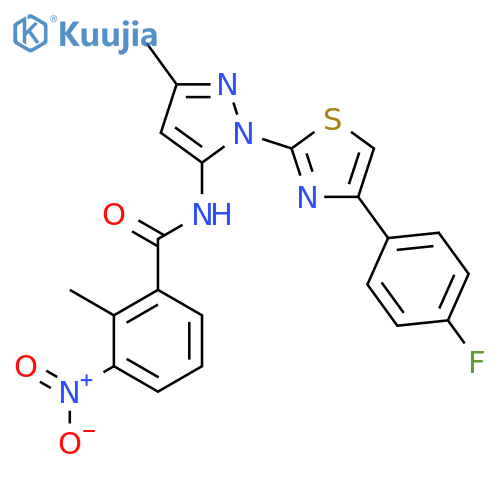 N-{1-[4-(4-fluorophenyl)-1,3-thiazol-2-yl]-3-methyl-1H-pyrazol-5-yl}-2-methyl-3-nitrobenzamide structure