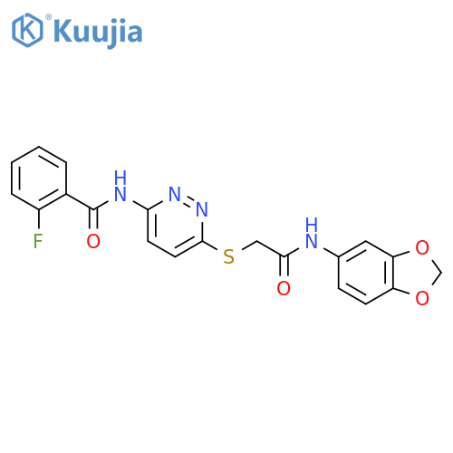 N-[6-({[(2H-1,3-benzodioxol-5-yl)carbamoyl]methyl}sulfanyl)pyridazin-3-yl]-2-fluorobenzamide structure