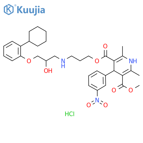 3,5-Pyridinedicarboxylic acid, 1,4-dihydro-2,6-dimethyl-4-(3-nitrophenyl)-, 3-[3-[[3-(2-cyclohexylphenoxy)-2-hydroxypropyl]amino]propyl] 5-methyl ester, hydrochloride (1:1) structure