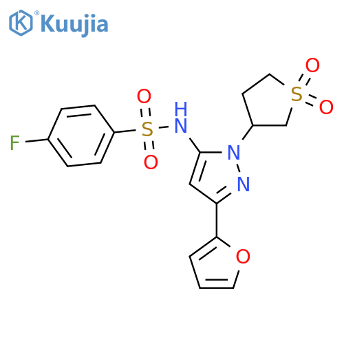 N-1-(1,1-dioxo-1lambda6-thiolan-3-yl)-3-(furan-2-yl)-1H-pyrazol-5-yl-4-fluorobenzene-1-sulfonamide structure