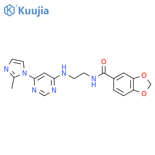 N-(2-{6-(2-methyl-1H-imidazol-1-yl)pyrimidin-4-ylamino}ethyl)-2H-1,3-benzodioxole-5-carboxamide structure