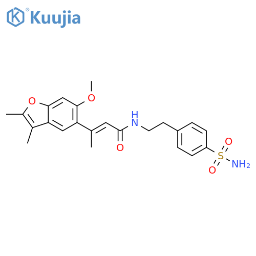 (2E)-3-(6-methoxy-2,3-dimethyl-1-benzofuran-5-yl)-N-2-(4-sulfamoylphenyl)ethylbut-2-enamide structure