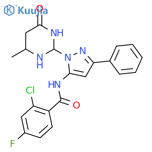 2-chloro-4-fluoro-N-1-(4-methyl-6-oxo-1,6-dihydropyrimidin-2-yl)-3-phenyl-1H-pyrazol-5-ylbenzamide structure