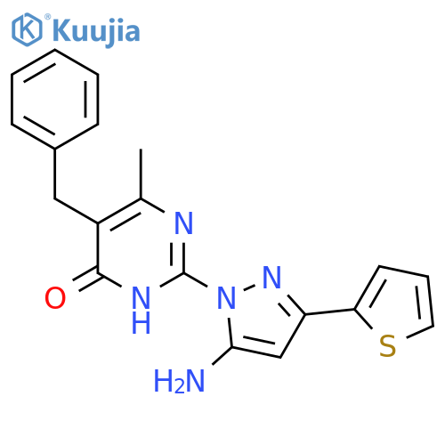 2-[5-amino-3-(thiophen-2-yl)-1H-pyrazol-1-yl]-5-benzyl-6-methyl-3,4-dihydropyrimidin-4-one structure