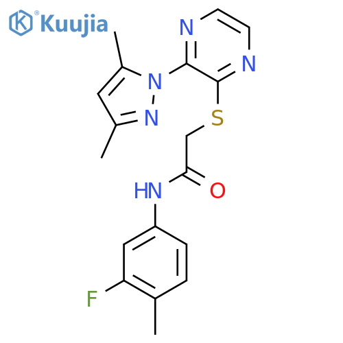 2-{3-(3,5-dimethyl-1H-pyrazol-1-yl)pyrazin-2-ylsulfanyl}-N-(3-fluoro-4-methylphenyl)acetamide structure