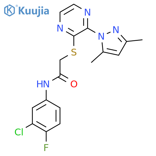 N-(3-chloro-4-fluorophenyl)-2-{3-(3,5-dimethyl-1H-pyrazol-1-yl)pyrazin-2-ylsulfanyl}acetamide structure