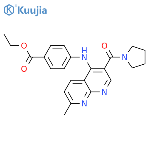ethyl 4-{[7-methyl-3-(pyrrolidine-1-carbonyl)-1,8-naphthyridin-4-yl]amino}benzoate structure