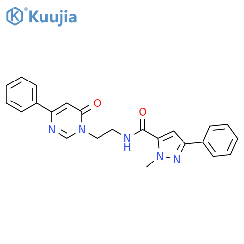 1-methyl-N-2-(6-oxo-4-phenyl-1,6-dihydropyrimidin-1-yl)ethyl-3-phenyl-1H-pyrazole-5-carboxamide structure