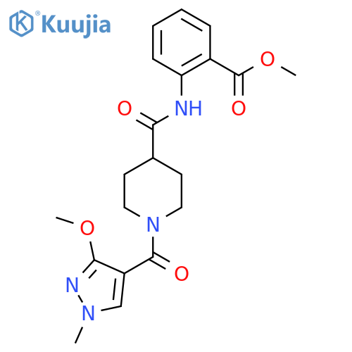 methyl 2-1-(3-methoxy-1-methyl-1H-pyrazole-4-carbonyl)piperidine-4-amidobenzoate structure