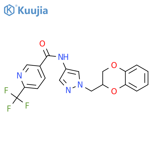 N-[1-(2,3-dihydro-1,4-benzodioxin-3-ylmethyl)pyrazol-4-yl]-6-(trifluoromethyl)pyridine-3-carboxamide structure