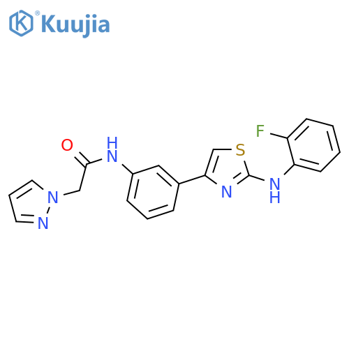 N-[3-[2-(2-fluoroanilino)-1,3-thiazol-4-yl]phenyl]-2-pyrazol-1-ylacetamide structure