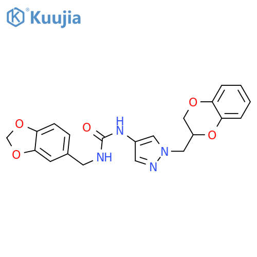 1-(1,3-benzodioxol-5-ylmethyl)-3-[1-(2,3-dihydro-1,4-benzodioxin-3-ylmethyl)pyrazol-4-yl]urea structure