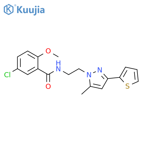 5-chloro-2-methoxy-N-{2-[5-methyl-3-(thiophen-2-yl)-1H-pyrazol-1-yl]ethyl}benzamide structure