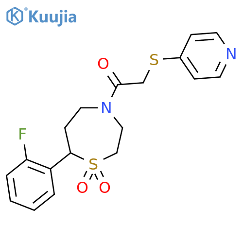7-(2-fluorophenyl)-4-2-(pyridin-4-ylsulfanyl)acetyl-1lambda6,4-thiazepane-1,1-dione structure