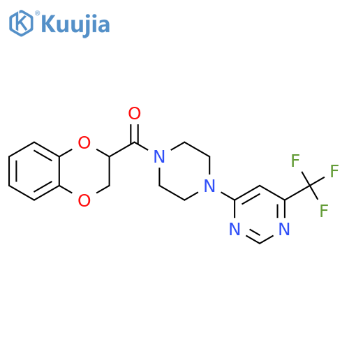 4-[4-(2,3-dihydro-1,4-benzodioxine-2-carbonyl)piperazin-1-yl]-6-(trifluoromethyl)pyrimidine structure