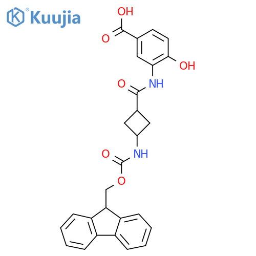 4-hydroxy-3-(1s,3s)-3-({(9H-fluoren-9-yl)methoxycarbonyl}amino)cyclobutaneamidobenzoic acid structure
