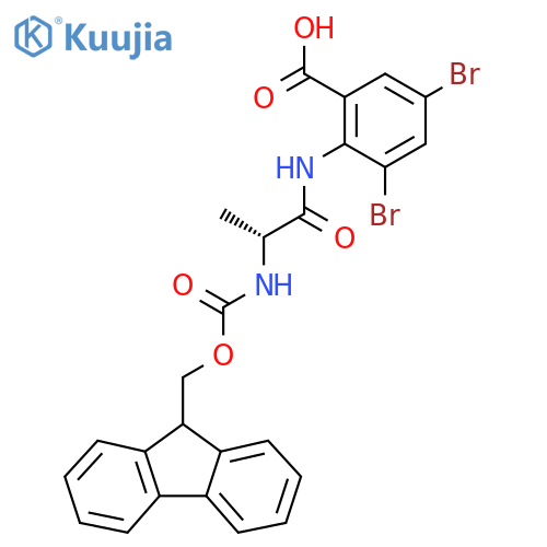 3,5-dibromo-2-(2R)-2-({(9H-fluoren-9-yl)methoxycarbonyl}amino)propanamidobenzoic acid structure