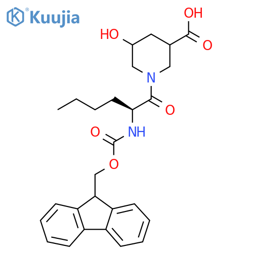 1-(2S)-2-({(9H-fluoren-9-yl)methoxycarbonyl}amino)hexanoyl-5-hydroxypiperidine-3-carboxylic acid structure