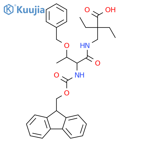2-{3-(benzyloxy)-2-({(9H-fluoren-9-yl)methoxycarbonyl}amino)butanamidomethyl}-2-ethylbutanoic acid structure