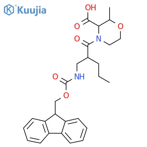 4-{2-({(9H-fluoren-9-yl)methoxycarbonyl}amino)methylpentanoyl}-2-methylmorpholine-3-carboxylic acid structure