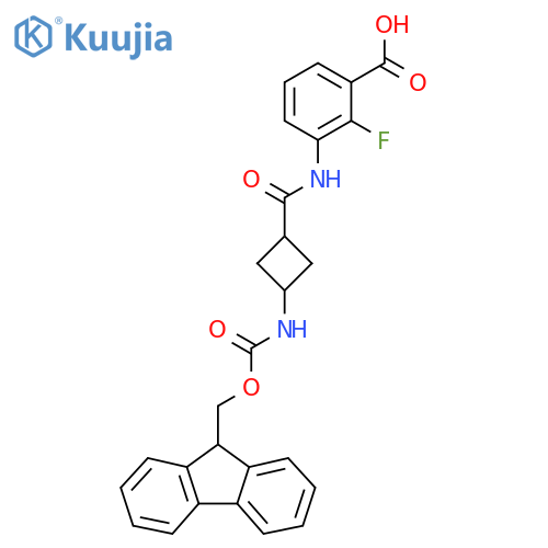 3-3-({(9H-fluoren-9-yl)methoxycarbonyl}amino)cyclobutaneamido-2-fluorobenzoic acid structure