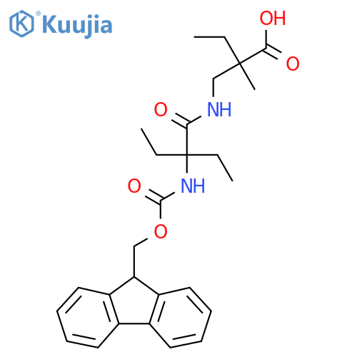 2-{2-ethyl-2-({(9H-fluoren-9-yl)methoxycarbonyl}amino)butanamidomethyl}-2-methylbutanoic acid structure