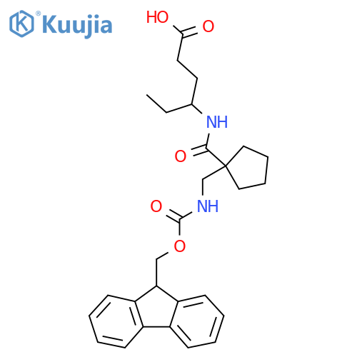 4-({1-({(9H-fluoren-9-yl)methoxycarbonyl}amino)methylcyclopentyl}formamido)hexanoic acid structure