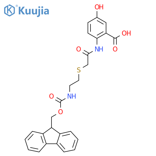 2-(2-{2-({(9H-fluoren-9-yl)methoxycarbonyl}amino)ethylsulfanyl}acetamido)-5-hydroxybenzoic acid structure