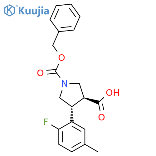rac-(3R,4S)-1-(benzyloxy)carbonyl-4-(2-fluoro-5-methylphenyl)pyrrolidine-3-carboxylic acid structure