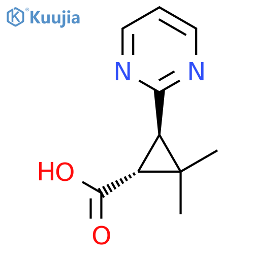 rac-(1R,3R)-2,2-dimethyl-3-(pyrimidin-2-yl)cyclopropane-1-carboxylic acid structure