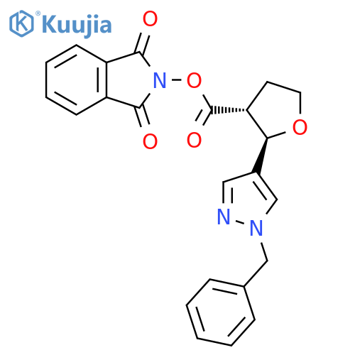 rac-1,3-dioxo-2,3-dihydro-1H-isoindol-2-yl (2R,3R)-2-(1-benzyl-1H-pyrazol-4-yl)oxolane-3-carboxylate structure