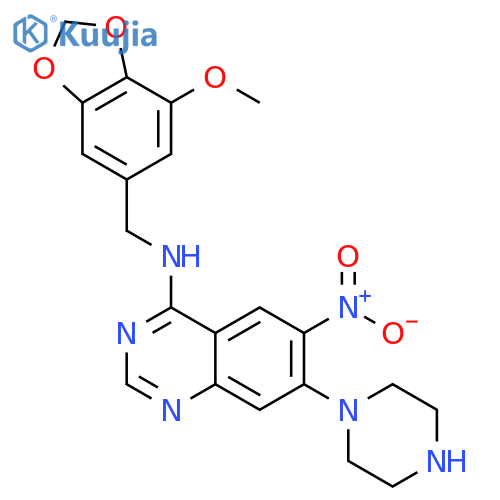 4-Quinazolinamine,N-[(7-methoxy-1,3-benzodioxol-5-yl)methyl]-6-nitro-7-(1-piperazinyl)- structure