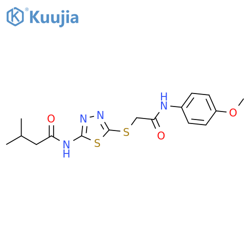 N-5-({(4-methoxyphenyl)carbamoylmethyl}sulfanyl)-1,3,4-thiadiazol-2-yl-3-methylbutanamide structure