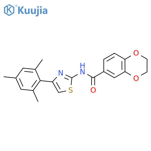 N-[4-(2,4,6-trimethylphenyl)-1,3-thiazol-2-yl]-2,3-dihydro-1,4-benzodioxine-6-carboxamide structure