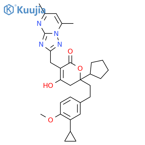 2H-Pyran-2-one,6-cyclopentyl-6-[2-(3-cyclopropyl-4-methoxyphenyl)ethyl]-3-[(5,7-dimethyl[1,2,4]triazolo[1,5-a]pyrimidin-2-yl)methyl]-5,6-dihydro-4-hydroxy- structure