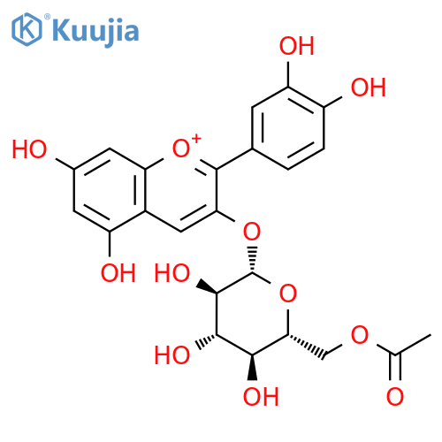 1-Benzopyrylium, 3-[(6-O-acetyl-β-D-glucopyranosyl)oxy]-2-(3,4-dihydroxyphenyl)-5,7-dihydroxy- structure