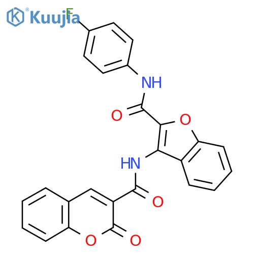 N-{2-(4-fluorophenyl)carbamoyl-1-benzofuran-3-yl}-2-oxo-2H-chromene-3-carboxamide structure