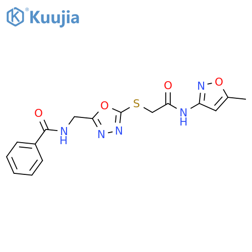 N-{5-({(5-methyl-1,2-oxazol-3-yl)carbamoylmethyl}sulfanyl)-1,3,4-oxadiazol-2-ylmethyl}benzamide structure