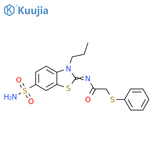 2-(phenylsulfanyl)-N-(2Z)-3-propyl-6-sulfamoyl-2,3-dihydro-1,3-benzothiazol-2-ylideneacetamide structure