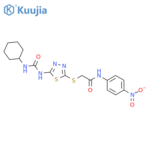 2-({5-(cyclohexylcarbamoyl)amino-1,3,4-thiadiazol-2-yl}sulfanyl)-N-(4-nitrophenyl)acetamide structure