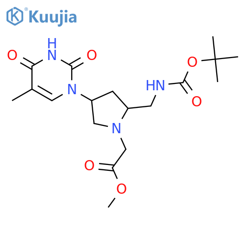 1-Pyrrolidineacetic acid, 4-(3,4-dihydro-5-methyl-2,4-dioxo-1(2H)-pyrimidinyl)-2-[[[(1,1-dimethylethoxy)carbonyl]amino]methyl]-, methyl ester, (2R,4R)- structure