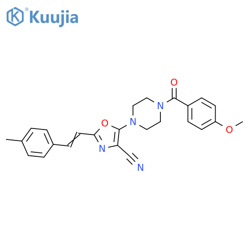 5-4-(4-methoxybenzoyl)piperazin-1-yl-2-(E)-2-(4-methylphenyl)ethenyl-1,3-oxazole-4-carbonitrile structure
