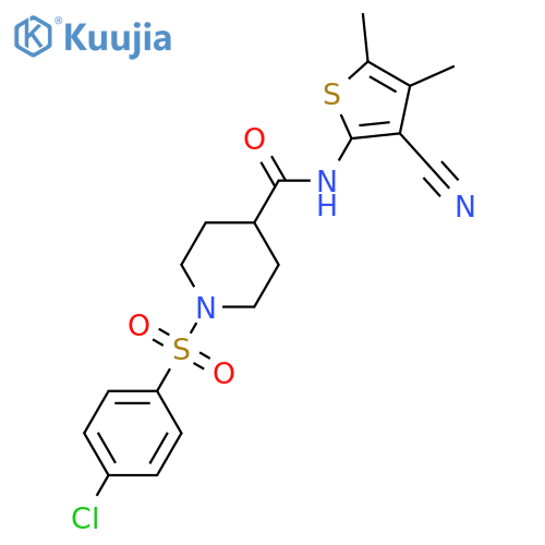 1-(4-chlorobenzenesulfonyl)-N-(3-cyano-4,5-dimethylthiophen-2-yl)piperidine-4-carboxamide structure