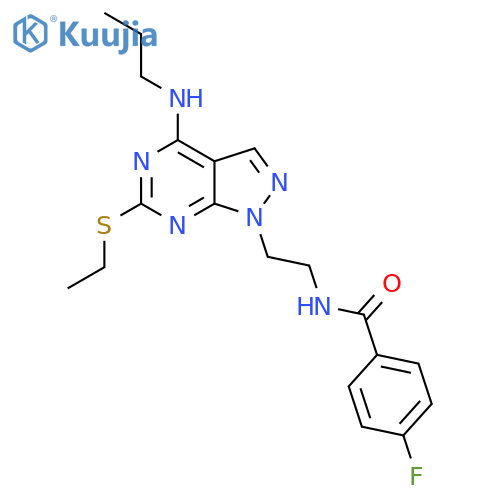 N-{2-6-(ethylsulfanyl)-4-(propylamino)-1H-pyrazolo3,4-dpyrimidin-1-ylethyl}-4-fluorobenzamide structure
