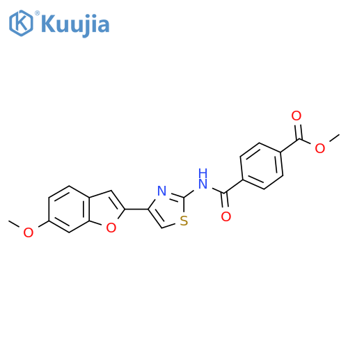 methyl 4-{4-(6-methoxy-1-benzofuran-2-yl)-1,3-thiazol-2-ylcarbamoyl}benzoate structure